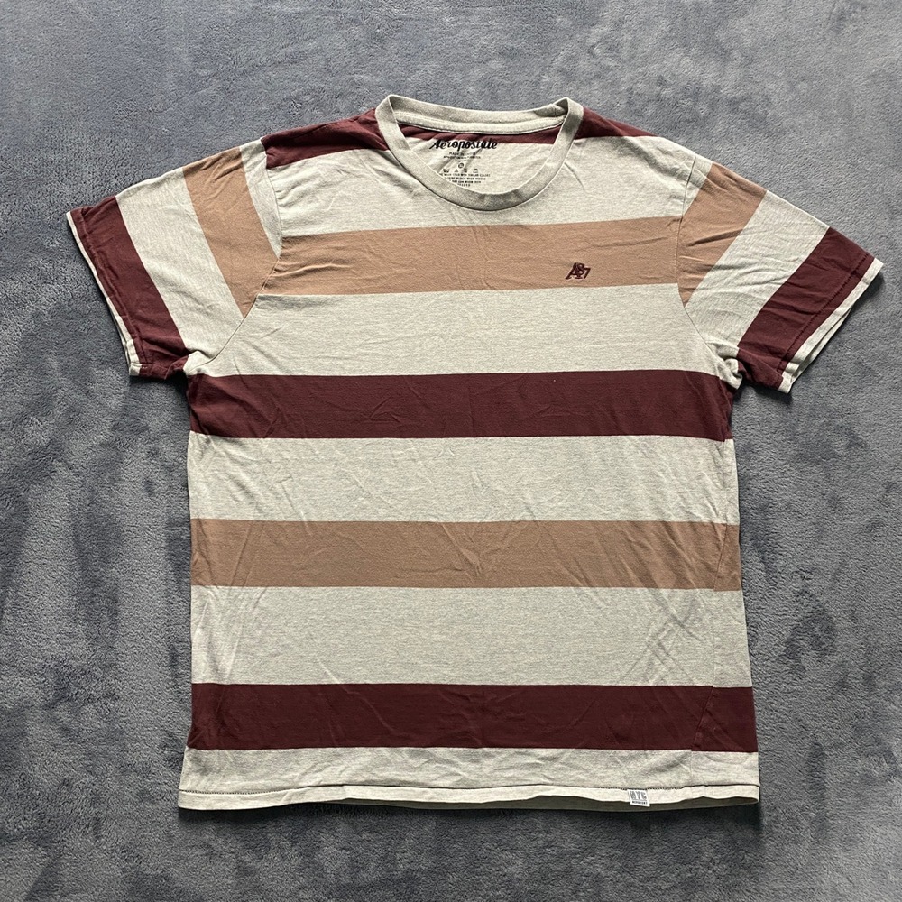 Aeropostale T-Shirt Mens XL Burgundy Tan Gray Striped Excellent A87‎ Logo Tee